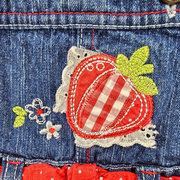Denim Infant Overalls 6-9 mos Embroidered Strawberry Ruffle Hem Eyelet Accents - Picture 5 of 10
